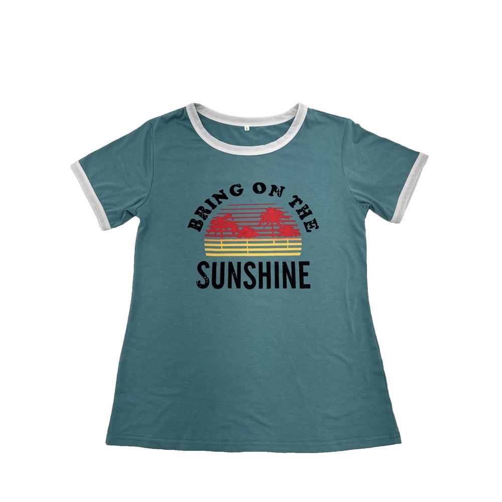 Women T-Shirt "Bring On The Sunshine" Short Sleeve Small Teal Blue vintage vibes